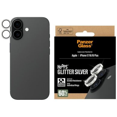 iPhone 17 / 16 / 16 Plus PanzerGlass Hoops Glitter sidabrinis kameros apsauginis stiklas iPhone 17 / 16 / 16 Plus PanzerGlass Hoops Glitter sidabrinis kameros apsauginis stiklas