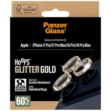 iPhone 17 Pro / 17 Pro Max / 16 Pro / 16 Pro Max PanzerGlass Hoops Glitter auksinis kameros apsauginis stiklas 4
