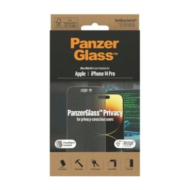 iPhone 14 Pro PanzerGlass Ultra-Wide Fit grūdintas antibakterinis privatumo stiklas su pozicionieriumi 7