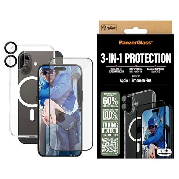 iPhone 16 Plus – PanzerGlass Bundle 3in1 6.7" D3O Hardcase + Ekrano apsauga UWF + Lęšis B1293+2863+1283