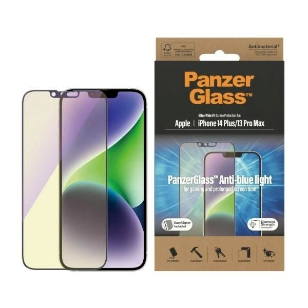 PanzerGlass Ultra-Wide Fit Antibacterial apsauginis stiklas Blue Light Filter Positioner iPhone 14 Plus / 13 Pro Max PanzerGlass Ultra-Wide Fit Antibacterial apsauginis stiklas Blue Light Filter Positioner iPhone 14 Plus / 13 Pro Max