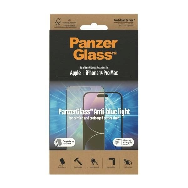 PanzerGlass Ultra-Wide Fit Antibacterial apsauginis stiklas Blue Light Filter Positioner iPhone 14 Pro Max 7 PanzerGlass Ultra-Wide Fit Antibacterial apsauginis stiklas Blue Light Filter Positioner iPhone 14 Pro Max 7