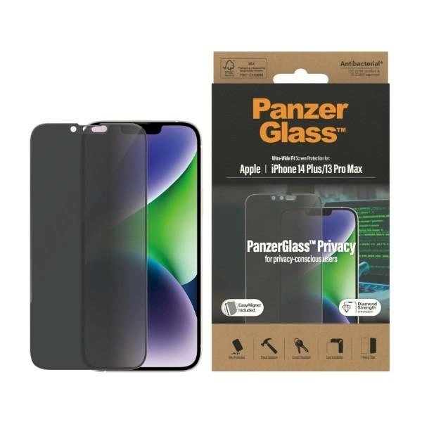 PanzerGlass Ultra-Wide Fit apsauginis stiklas Antibacterial PrivacyPositioner iPhone 14 Plus / 13 Pro Max PanzerGlass Ultra-Wide Fit apsauginis stiklas Antibacterial PrivacyPositioner iPhone 14 Plus / 13 Pro Max
