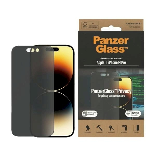 iPhone 14 Pro PanzerGlass Ultra-Wide Fit grūdintas antibakterinis privatumo stiklas su pozicionieriumi