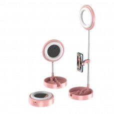 Telefono Stovas Tiesioginėms Transliacijoms YouTube TikTok Instagram video įrašymui Rinkinyje LED selfie žiedas švieselė blykstė Rožinis (1TMJ pink)