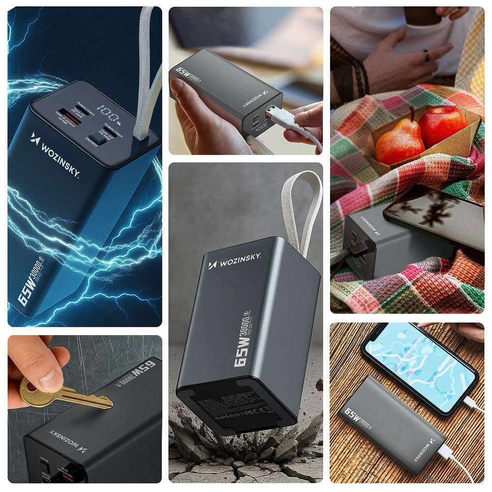 Išorinė baterija Powerbank Wozinsky K65+ 65W 30000mAh 2x USB-C / 1x USB-A – pilka 1 Išorinė baterija Powerbank Wozinsky K65+ 65W 30000mAh 2x USB-C / 1x USB-A – pilka 1