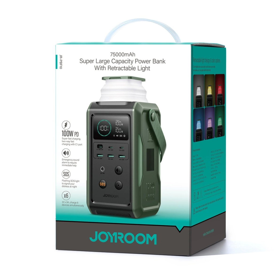 Joyroom JR-PBF10 Powerbank 75000mAh 100W 3x USB-C 3x USB-A su rankena ir žibintuvėliu – žalias 6