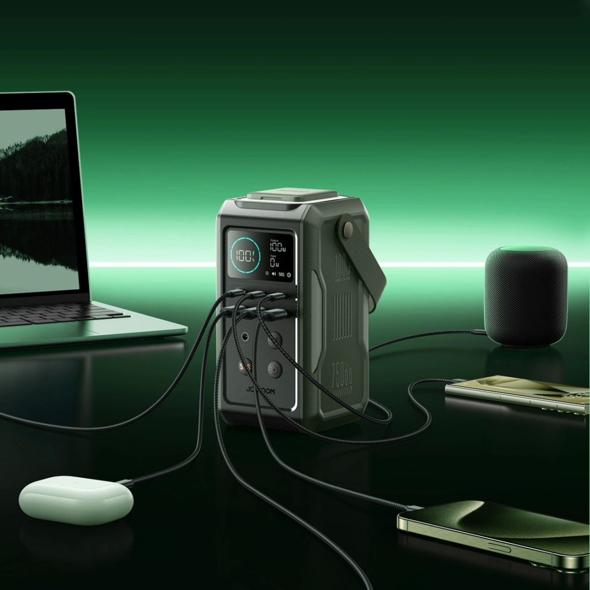 Joyroom JR-PBF10 Powerbank 75000mAh 100W 3x USB-C 3x USB-A su rankena ir žibintuvėliu – žalias 9 Joyroom JR-PBF10 Powerbank 75000mAh 100W 3x USB-C 3x USB-A su rankena ir žibintuvėliu – žalias 9