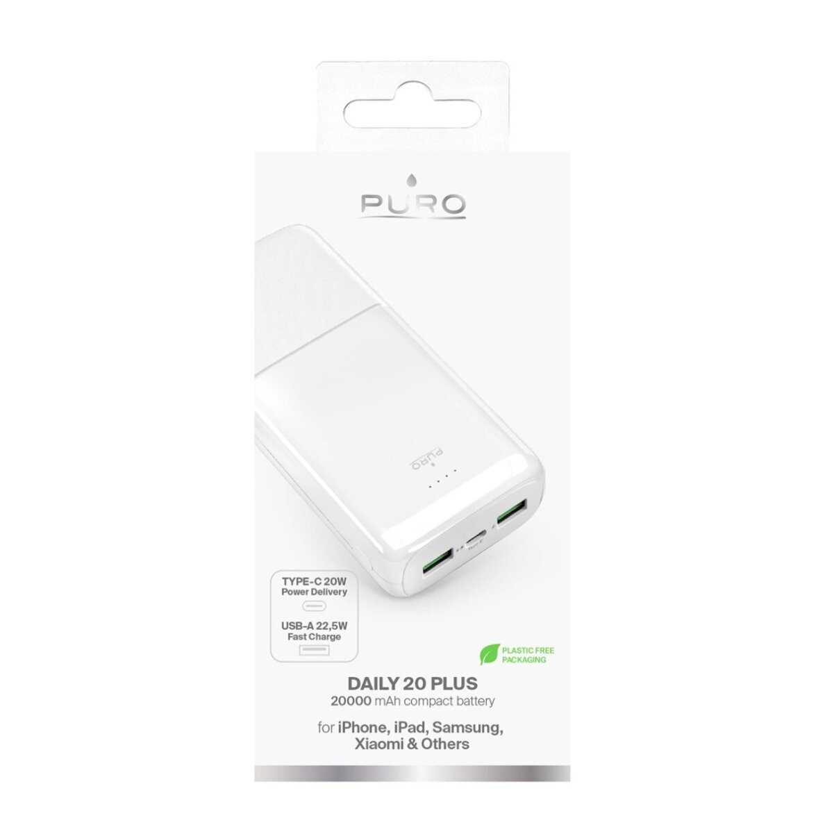 Išorinė baterija Powerbank Puro DAILY 20 PLUS 20000mAh 2x USB-A / 1x USB-C 22.5W PD AFC – balta 2 Išorinė baterija Powerbank Puro DAILY 20 PLUS 20000mAh 2x USB-A / 1x USB-C 22.5W PD AFC – balta 2