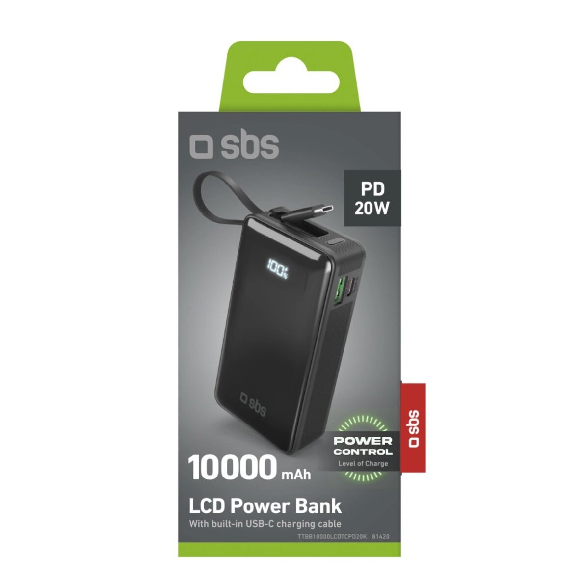 Išorinė baterija Powerbank SBS 10000mAh 20W su integruotu USB-C laidu ir skaitmeniniu ekranu – juoda 1 Išorinė baterija Powerbank SBS 10000mAh 20W su integruotu USB-C laidu ir skaitmeniniu ekranu – juoda 1