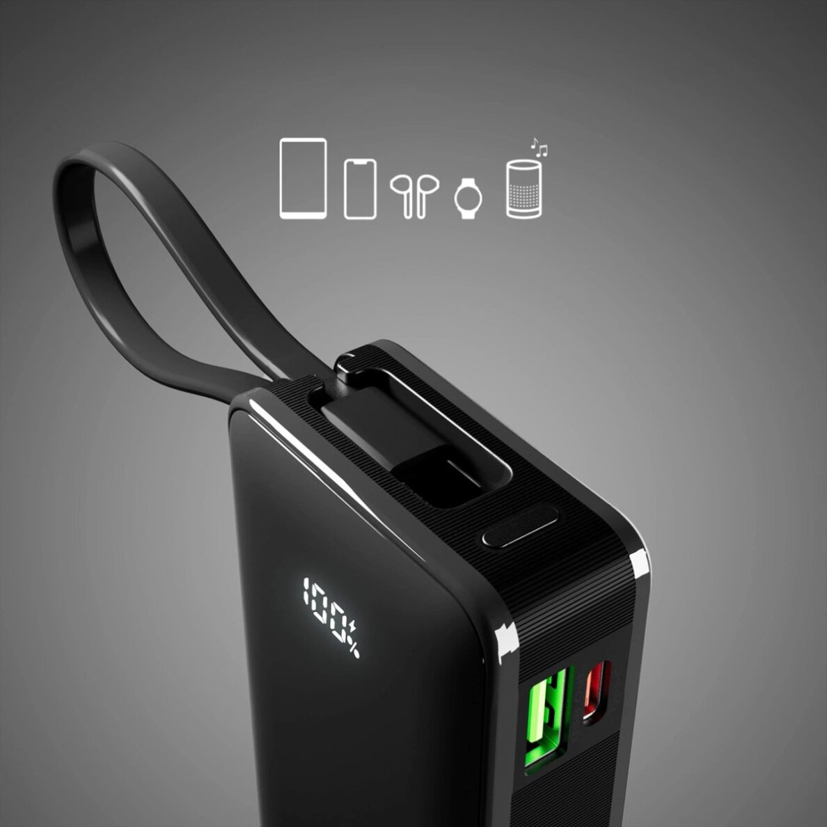 Išorinė baterija Powerbank SBS 10000mAh 20W su integruotu USB-C laidu ir skaitmeniniu ekranu – juoda 5