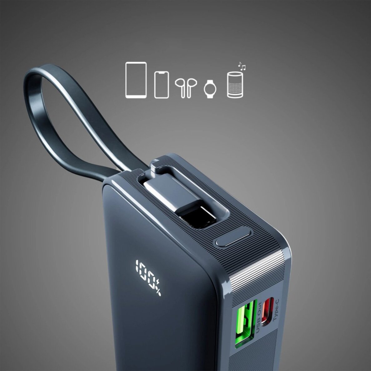 Išorinė baterija Powerbank SBS 10000mAh 20W su integruotu USB-C laidu ir skaitmeniniu ekranu – tamsiai pilka 5