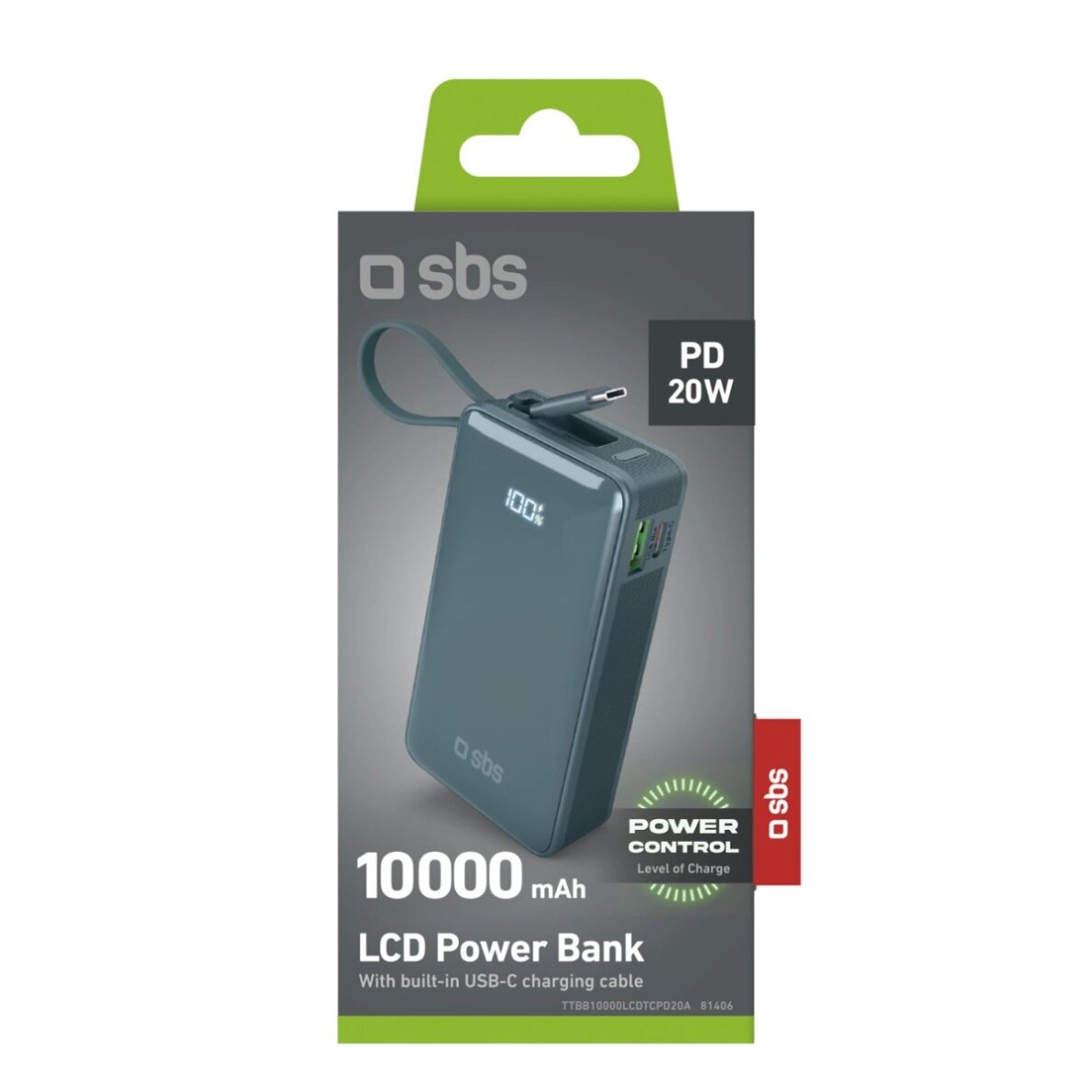Išorinė baterija Powerbank SBS 10000mAh 20W su integruotu USB-C laidu ir skaitmeniniu ekranu – pilka 1
