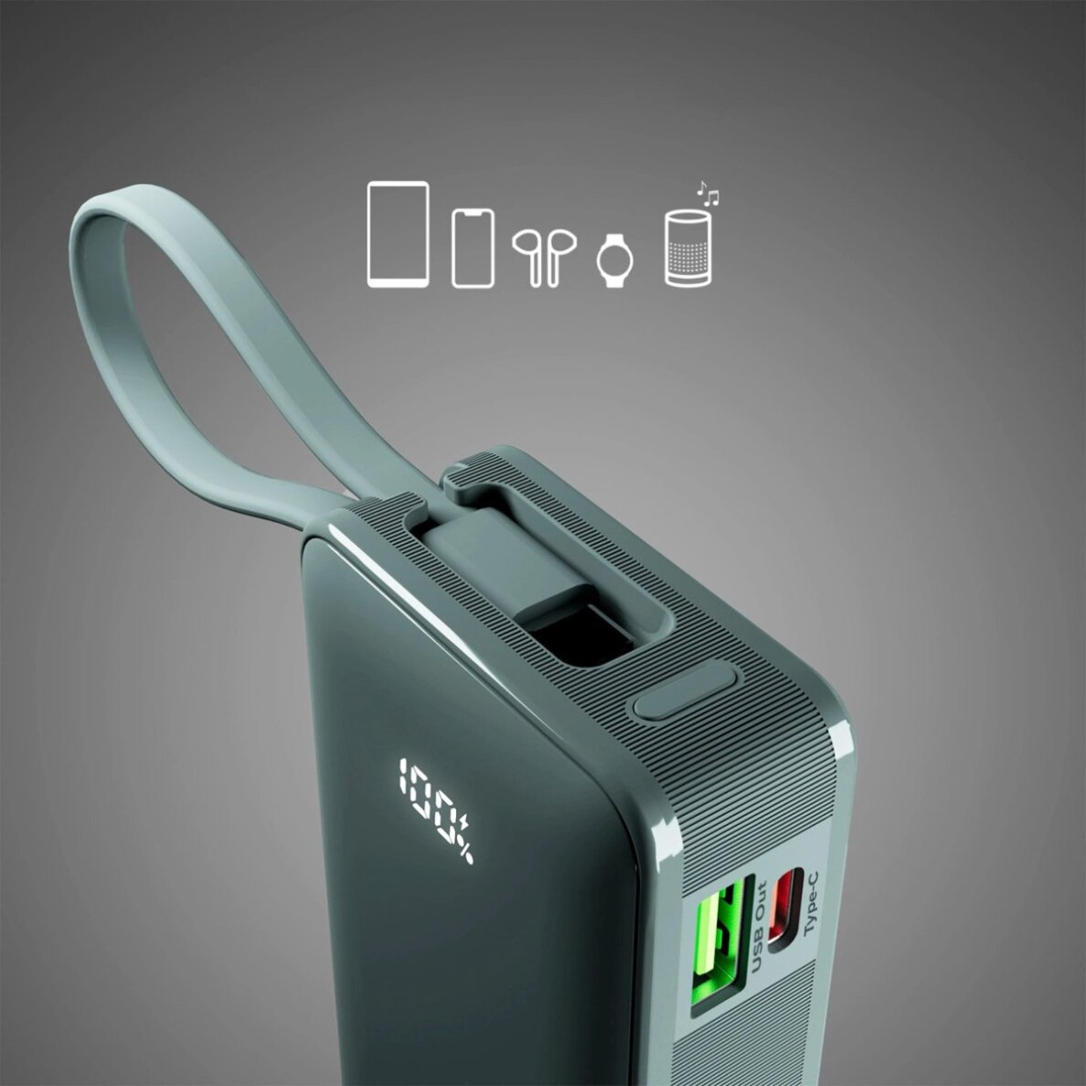 Išorinė baterija Powerbank SBS 10000mAh 20W su integruotu USB-C laidu ir skaitmeniniu ekranu – pilka 5