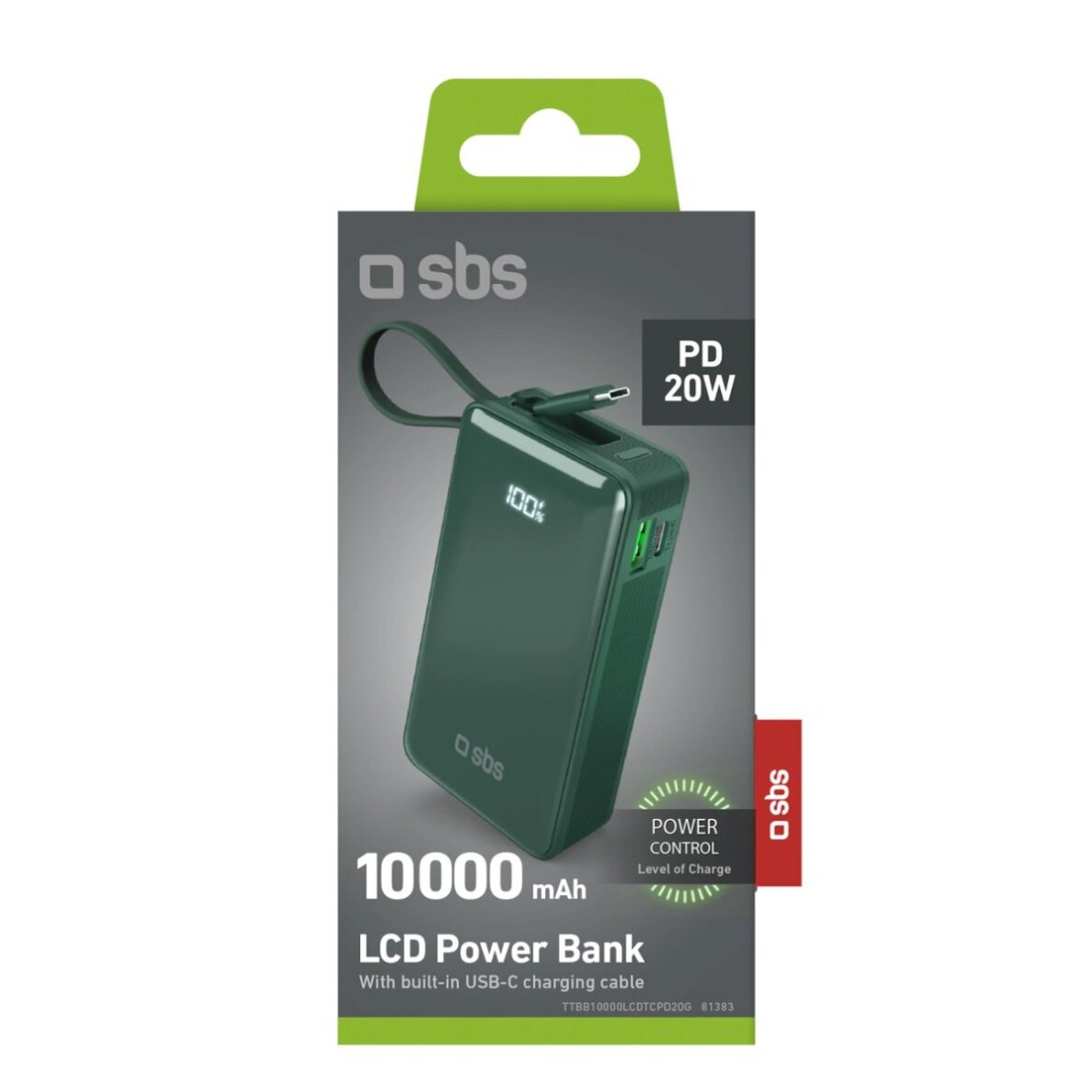 Išorinė baterija Powerbank SBS 10000mAh 20W su integruotu USB-C laidu ir skaitmeniniu ekranu – žalia 1