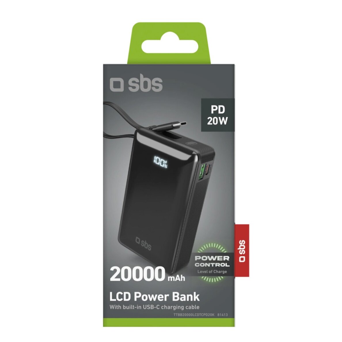 Išorinė baterija Powerbank SBS 20000mAh 20W su integruotu USB-C laidu ir skaitmeniniu ekranu – juoda 1