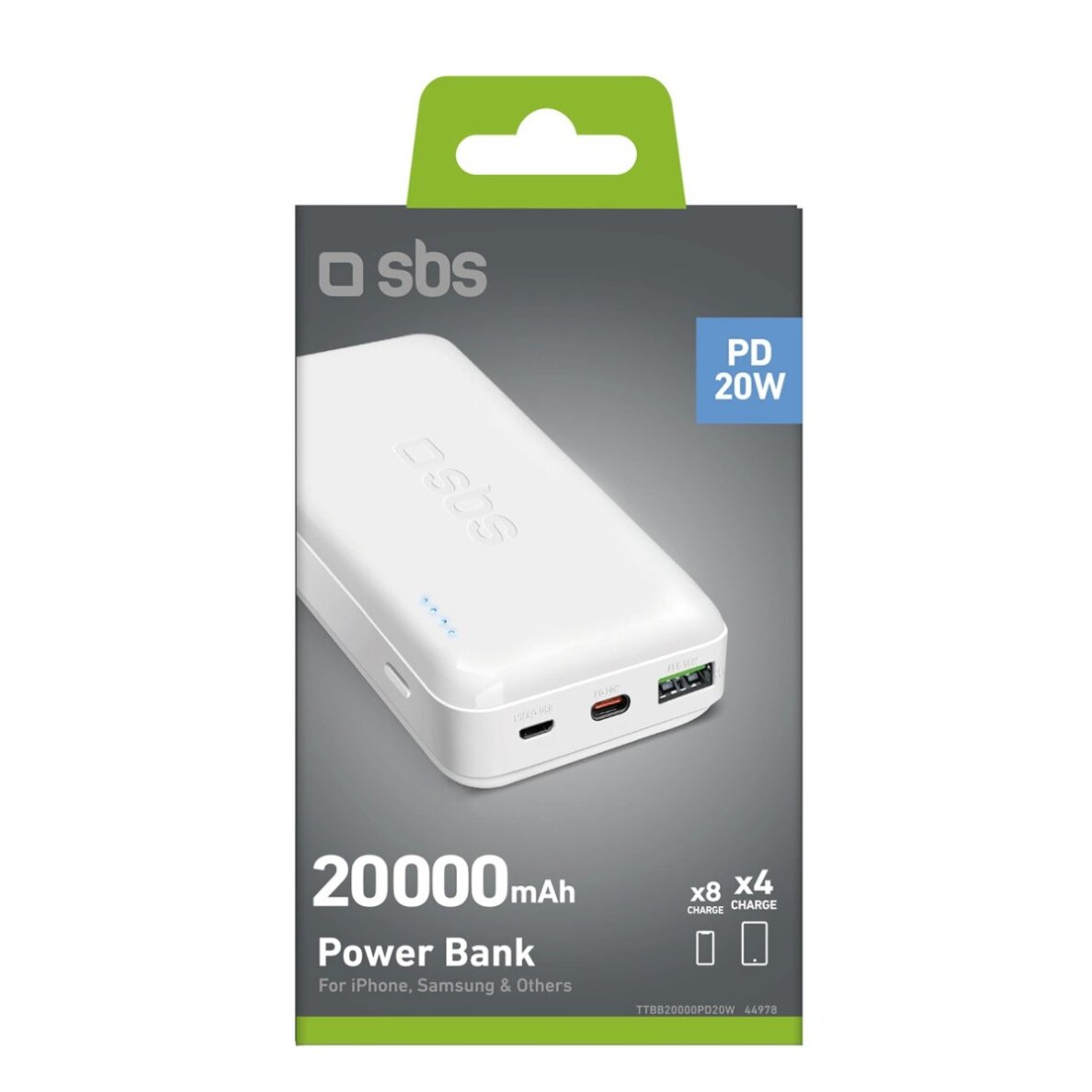 Išorinė baterija Powerbank SBS TTBB20000PD20W 20000mAh 20W Power Delivery su MicroUSB, USB-C, USB-A – balta 1 Išorinė baterija Powerbank SBS TTBB20000PD20W 20000mAh 20W Power Delivery su MicroUSB, USB-C, USB-A – balta 1