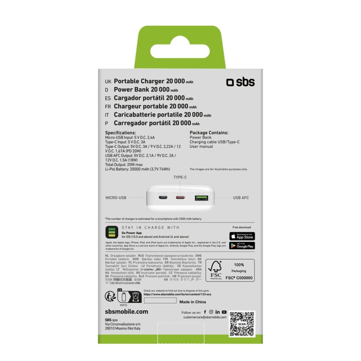 Išorinė baterija Powerbank SBS TTBB20000PD20W 20000mAh 20W Power Delivery su MicroUSB, USB-C, USB-A – balta 2