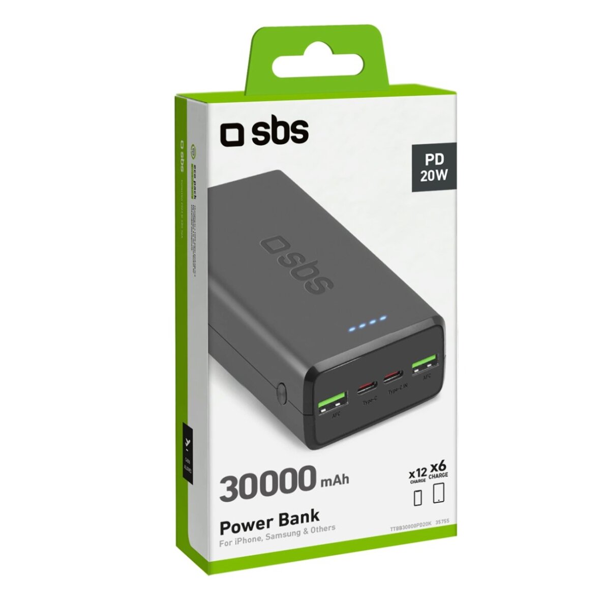 Išorinė baterija Powerbank SBS TTBB30000PD20K 30000mAh 2x USB-C / 2x USB-A – juoda 1