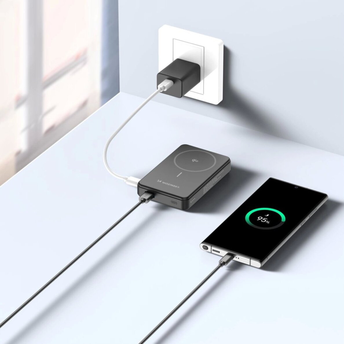 Išorinė baterija Powerbank Wozinsky WLWP-10KA0Y3S 22.5W PD Qi2 10000mAh su stovu, 1x USB-A / 1x USB-C – juoda 12