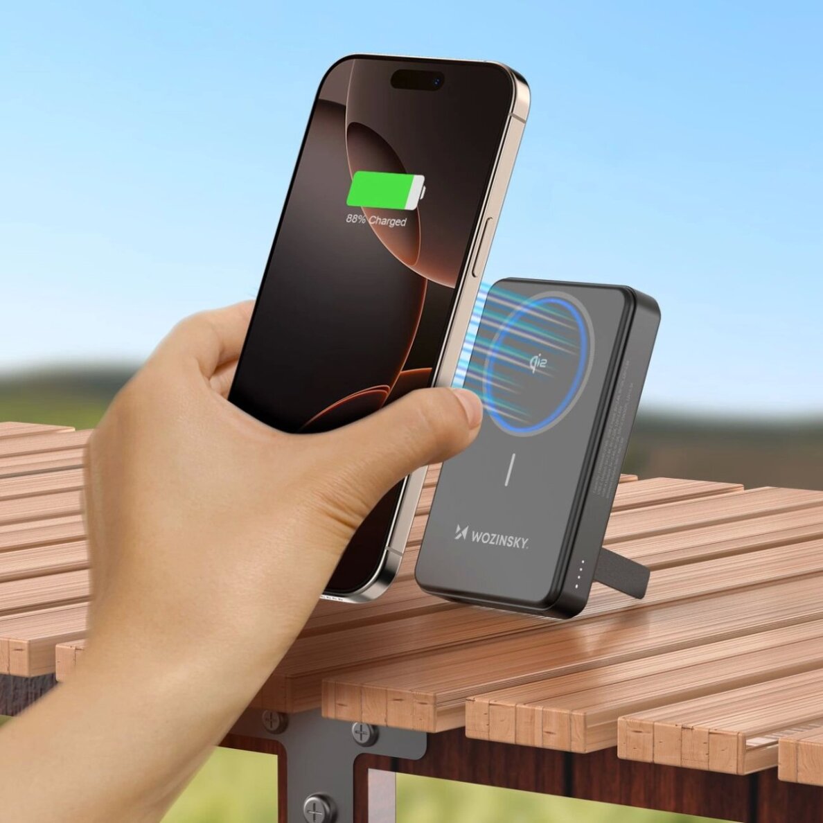 Išorinė baterija Powerbank Wozinsky WLWP-10KA0Y3S 22.5W PD Qi2 10000mAh su stovu, 1x USB-A / 1x USB-C – juoda 20