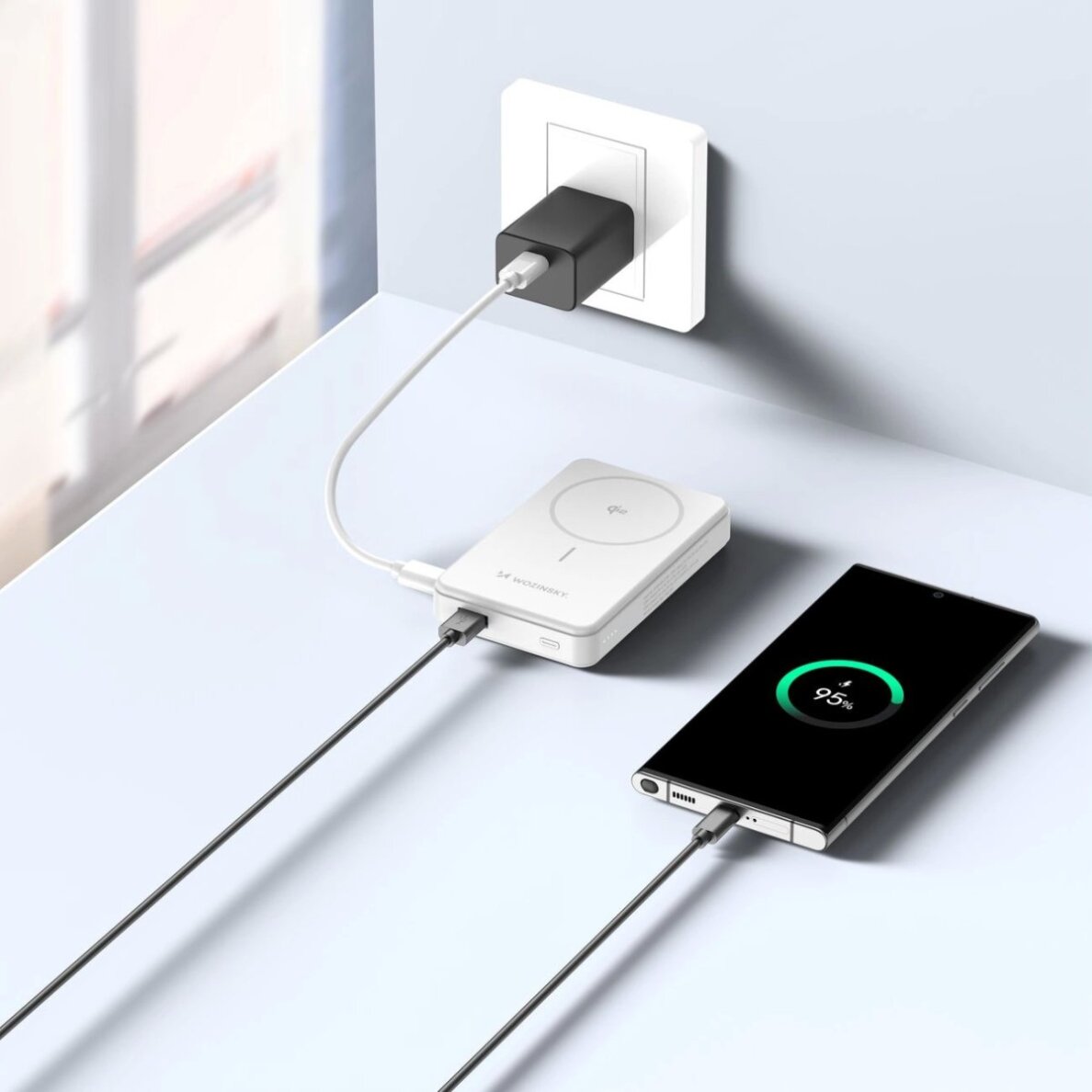 Išorinė baterija Powerbank Wozinsky WLWP-10KA0Y3WS 22.5W PD Qi2 10000mAh su stovu, 1x USB-A / 1x USB-C – balta 12