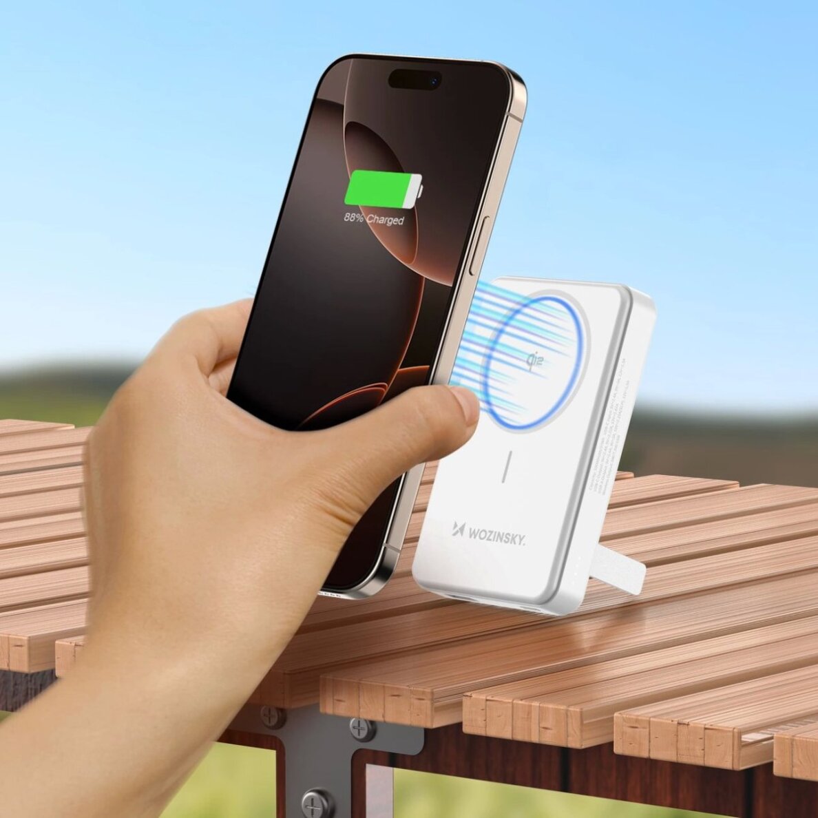 Išorinė baterija Powerbank Wozinsky WLWP-10KA0Y3WS 22.5W PD Qi2 10000mAh su stovu, 1x USB-A / 1x USB-C – balta 19