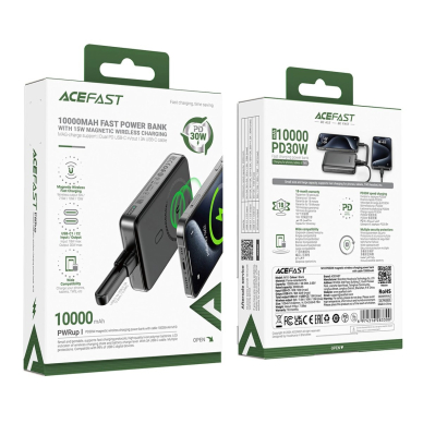 Acefast M10 Powerbank magnetinis 2x USB-C PD 30W su 15W belaidžiu įkrovimu ir USB-C kabeliu – juodas 4