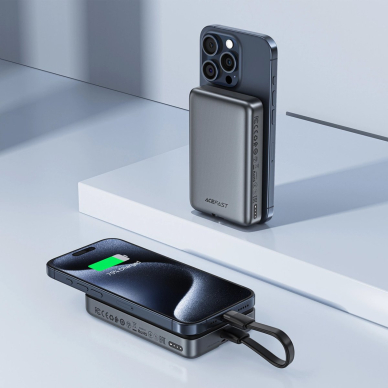 Acefast M10 Powerbank magnetinis 2x USB-C PD 30W su 15W belaidžiu įkrovimu ir USB-C kabeliu – juodas 5