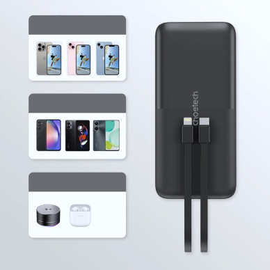 Choetech B654 Powerbank 10000mAh 22.5W USB-A / USB-C / micro USB su integruotu USB-C / Lightning kabeliu – juodas 10