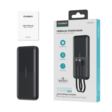 Choetech B654 Powerbank 10000mAh 22.5W USB-A / USB-C / micro USB su integruotu USB-C / Lightning kabeliu – juodas 2
