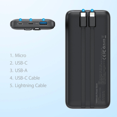 Choetech B654 Powerbank 10000mAh 22.5W USB-A / USB-C / micro USB su integruotu USB-C / Lightning kabeliu – juodas 7
