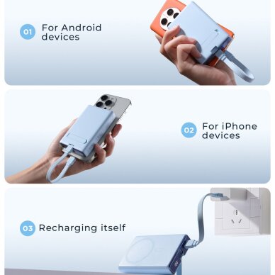 Išorinė baterija Powerbank Joyroom JR-PBM01 magnetinė 10000mAh 20W su stovu + Lightning kabeliu – USB-C – mėlyna 9