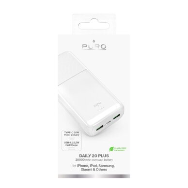 Išorinė baterija Powerbank Puro DAILY 20 PLUS 20000mAh 2x USB-A / 1x USB-C 22.5W PD AFC – balta 2