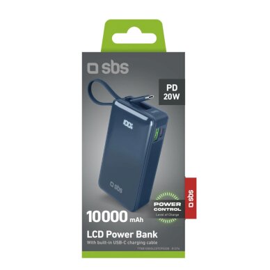 Išorinė baterija Powerbank SBS 10000mAh 20W su integruotu USB-C laidu ir skaitmeniniu ekranu – tamsiai pilka 1