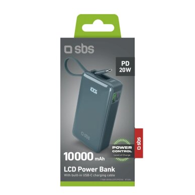 Išorinė baterija Powerbank SBS 10000mAh 20W su integruotu USB-C laidu ir skaitmeniniu ekranu – pilka 1