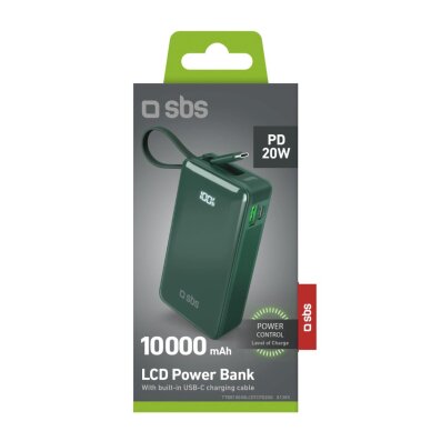 Išorinė baterija Powerbank SBS 10000mAh 20W su integruotu USB-C laidu ir skaitmeniniu ekranu – žalia 1 Išorinė baterija Powerbank SBS 10000mAh 20W su integruotu USB-C laidu ir skaitmeniniu ekranu – žalia 1