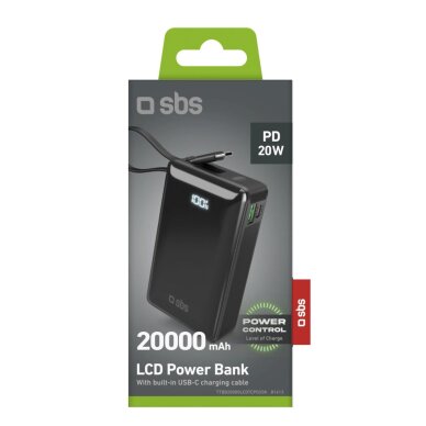 Išorinė baterija Powerbank SBS 20000mAh 20W su integruotu USB-C laidu ir skaitmeniniu ekranu – juoda 1