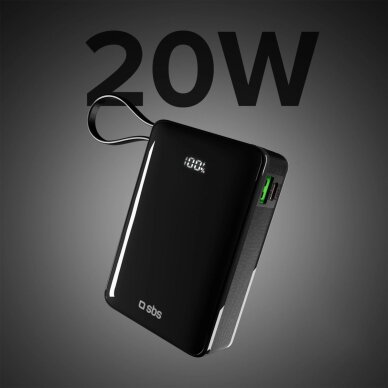 Išorinė baterija Powerbank SBS 20000mAh 20W su integruotu USB-C laidu ir skaitmeniniu ekranu – juoda 3 Išorinė baterija Powerbank SBS 20000mAh 20W su integruotu USB-C laidu ir skaitmeniniu ekranu – juoda 3