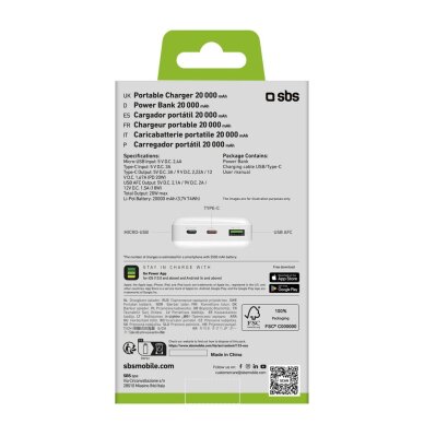 Išorinė baterija Powerbank SBS TTBB20000PD20W 20000mAh 20W Power Delivery su MicroUSB, USB-C, USB-A – balta 2 Išorinė baterija Powerbank SBS TTBB20000PD20W 20000mAh 20W Power Delivery su MicroUSB, USB-C, USB-A – balta 2
