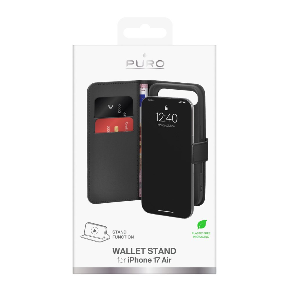 iPhone 17 Air Puro Wallet Stand dėklas iš eko odos su atvartu, pinigine ir stovu – juodas 1 iPhone 17 Air Puro Wallet Stand dėklas iš eko odos su atvartu, pinigine ir stovu – juodas 1