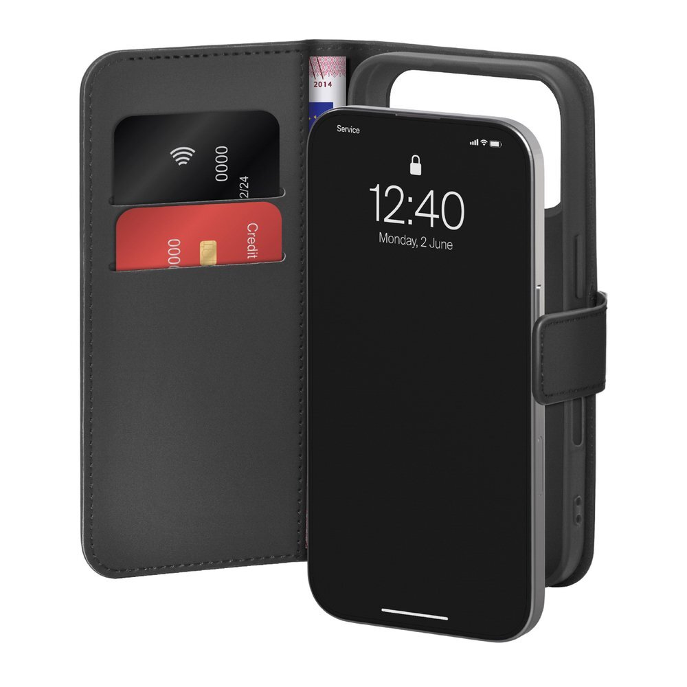 iPhone 17 Pro Max Puro Wallet Stand dėklas iš eko odos su atvartu, pinigine ir stovu – juodas