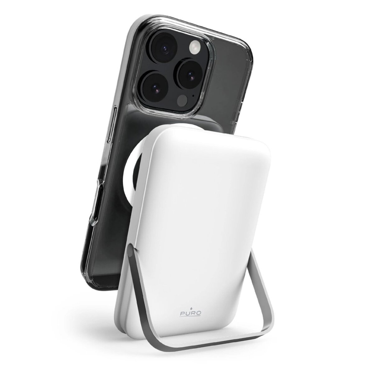 Išorinė baterija Powerbank Puro 10000mAh belaidė MagSafe su aliuminio stovu – balta