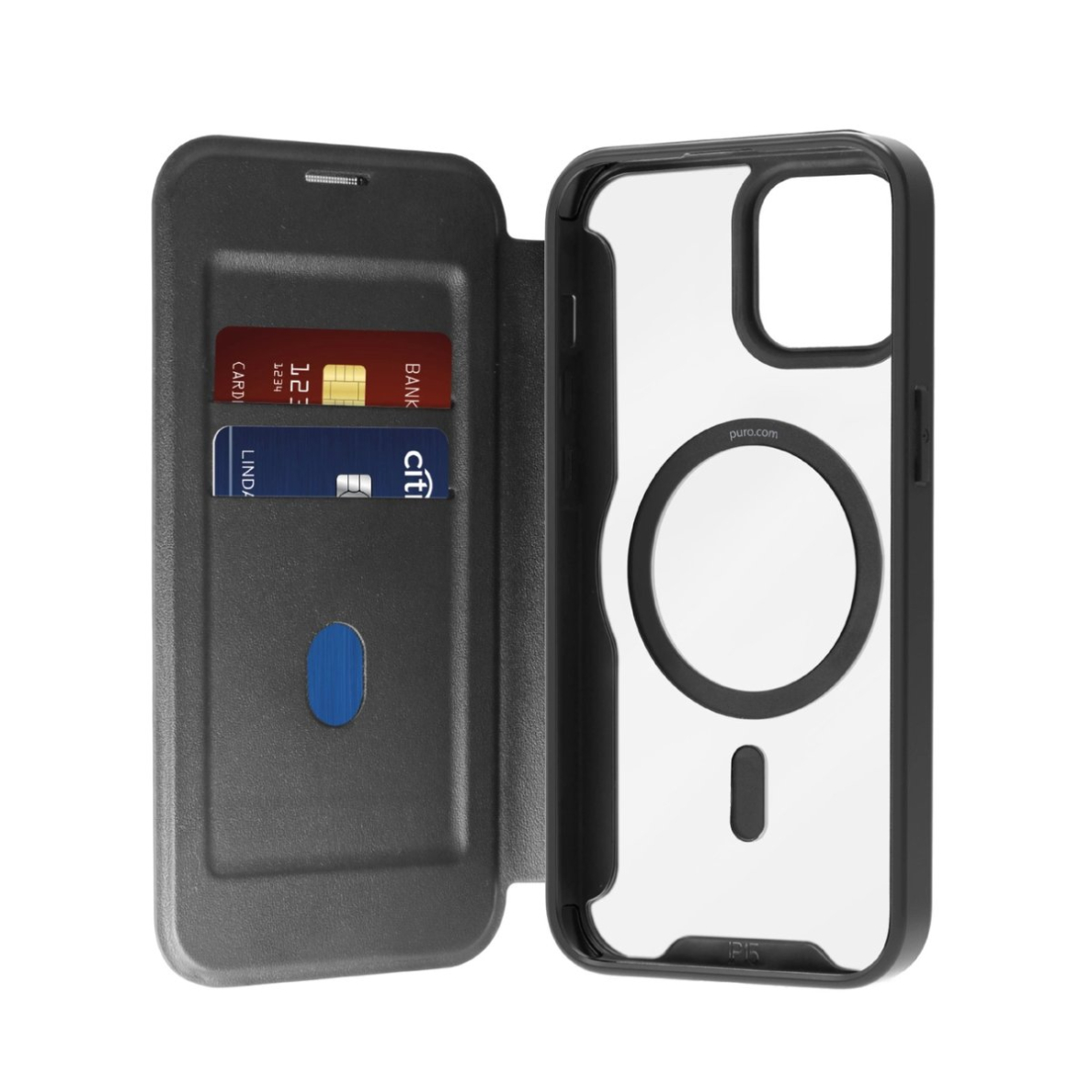 iPhone 16 Plus – Puro Book Mag MagSafe odinis dėklas su atvartu ir kortelių skyriumi - Juodas