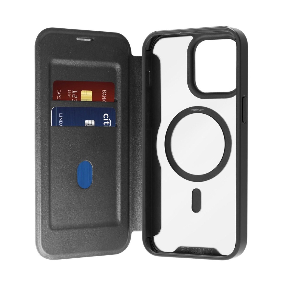 iPhone 16 Pro Max – Puro Book Mag MagSafe odinis dėklas su atvartu ir kortelių skyriumi - Juodas