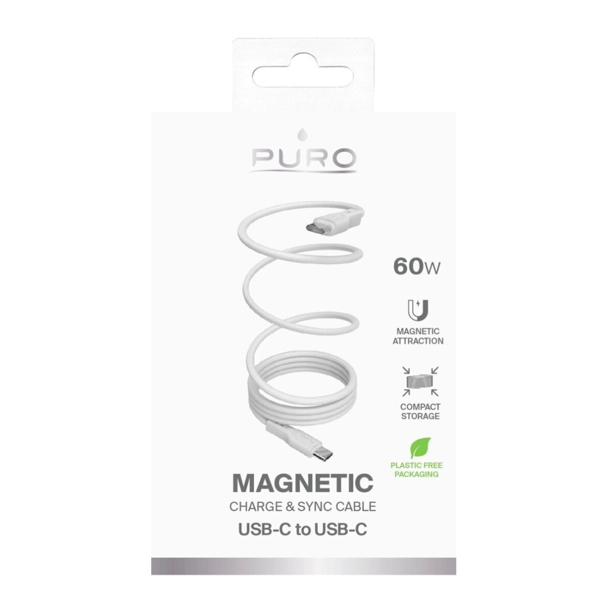 Laidas Puro Magnetic USB-C – USB-C 60W USB 3.2 (20Gbps) magnetinis 1m – baltas 1