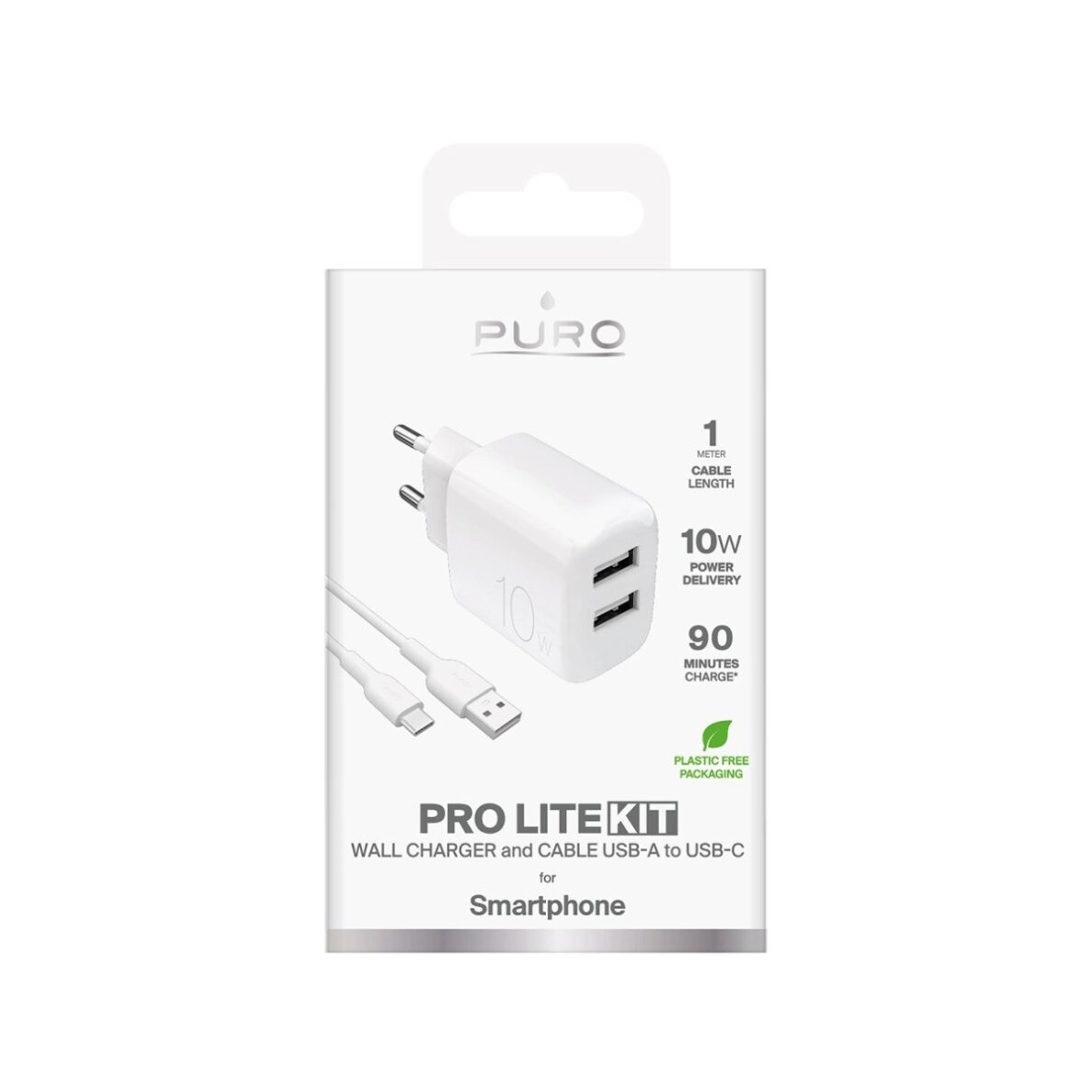 Sieninis įkroviklis Puro ProLite 10W 2x USB-A + USB-A – USB-C laidas 1.2m – baltas 1