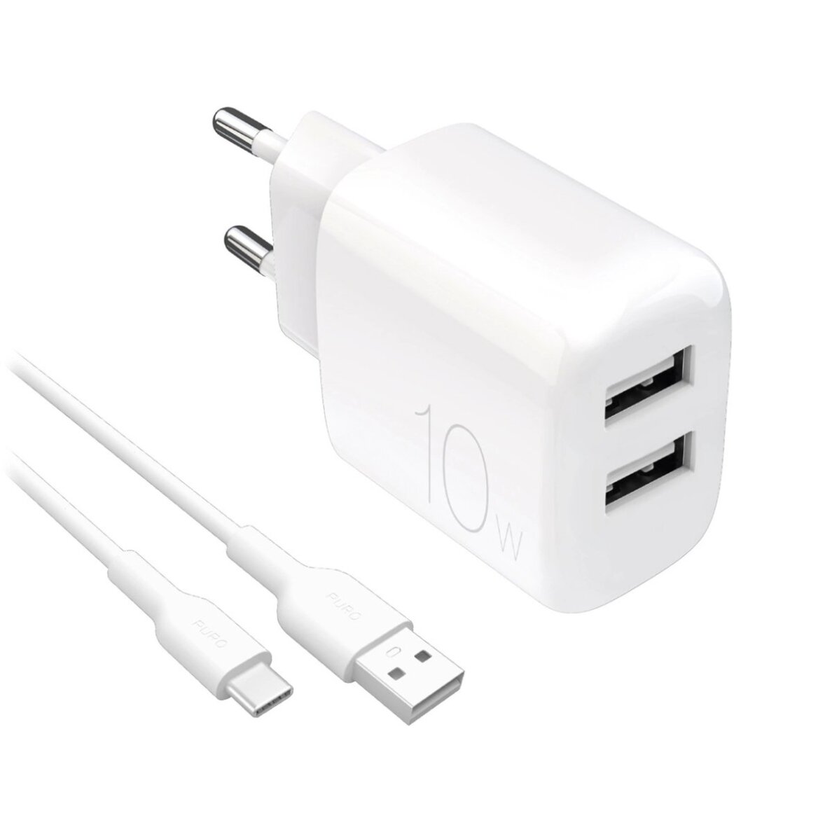 Sieninis įkroviklis Puro ProLite 10W 2x USB-A + USB-A – USB-C laidas 1.2m – baltas