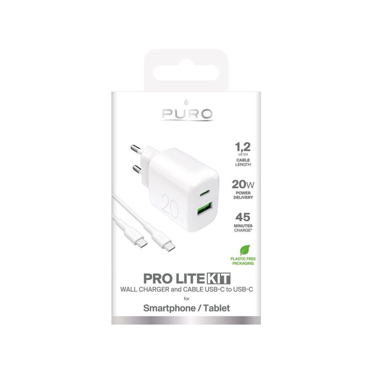 Sieninis įkroviklis Puro ProLite 20W USB-A / USB-C + USB-C – USB-C laidas 1.2m – baltas 1 Sieninis įkroviklis Puro ProLite 20W USB-A / USB-C + USB-C – USB-C laidas 1.2m – baltas 1