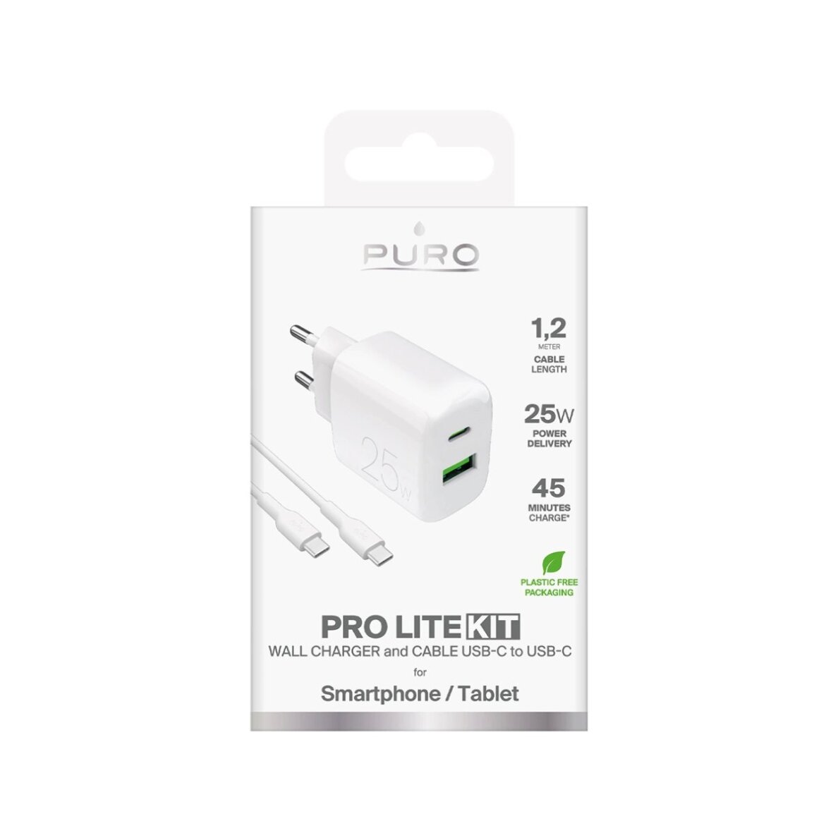 Sieninis įkroviklis Puro ProLite 25W USB-A / USB-C + USB-C – USB-C laidas 1.2m – baltas 1